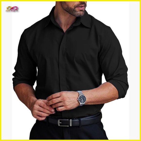 Classic Dress Shirt Regular Fit Wrinkle Free Stretch Business Formal Hidden